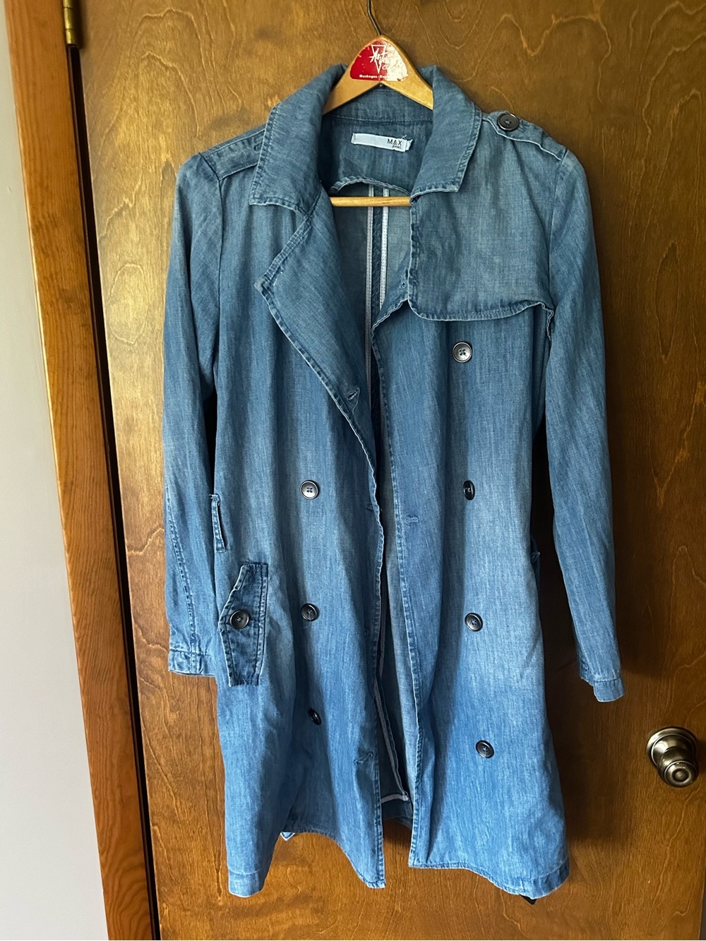 Max Jeans Denim Trench Coat in Medium Blue size S LINEN COTTON BLEND